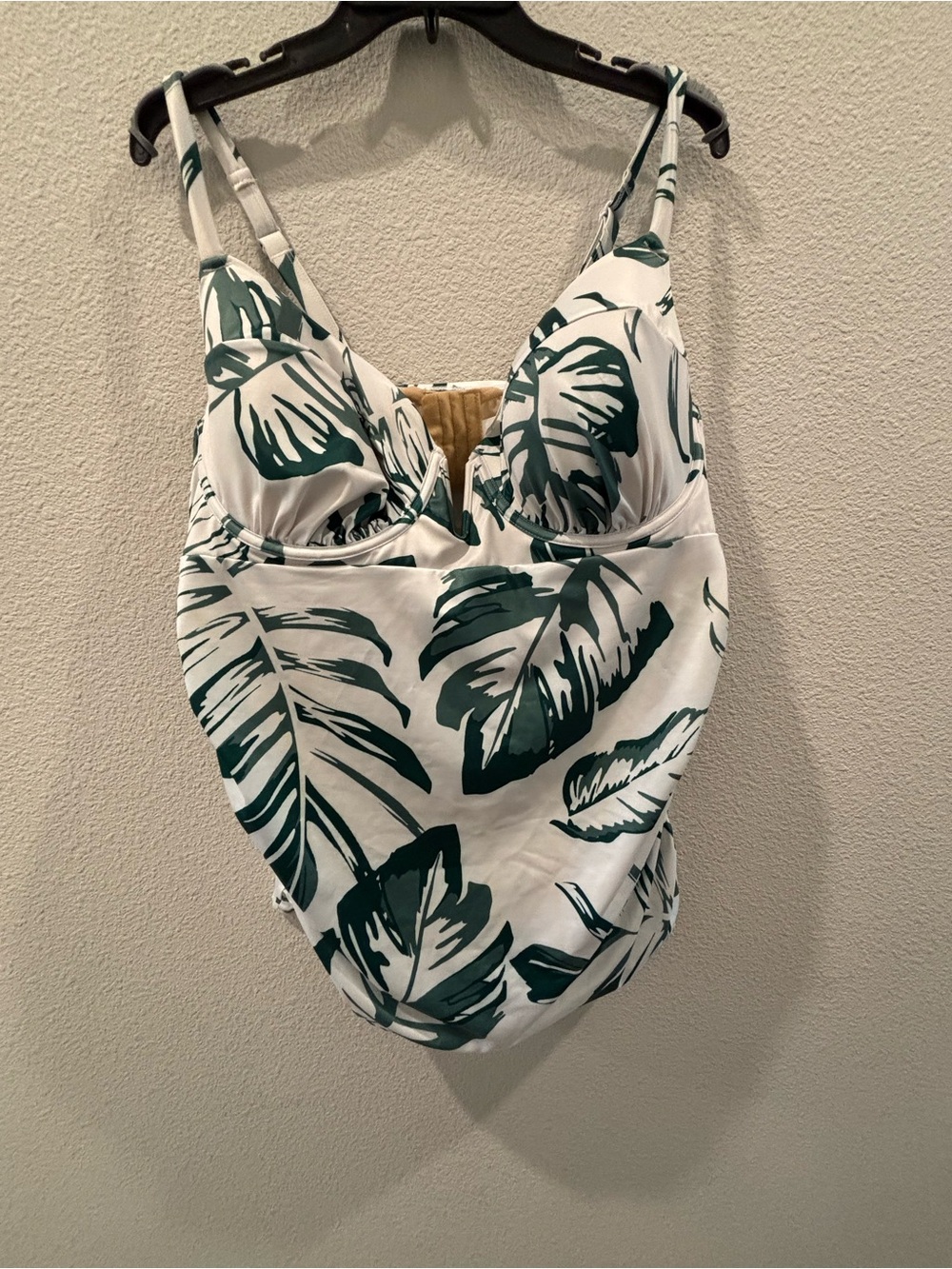Cacique White Bodysuit with Green Tropical Leaf Print